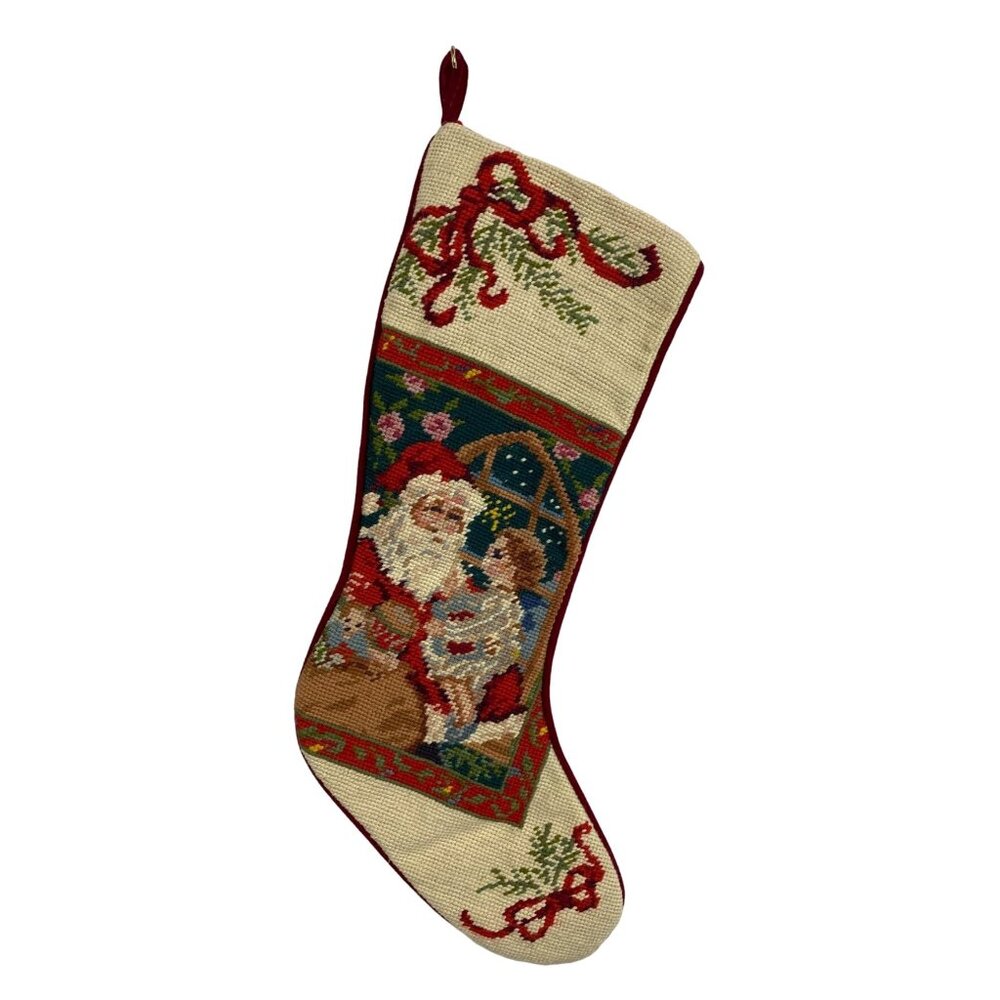 Vintage Needlepoint Stocking Santas Lap Christmas Holiday Decor Red Multi